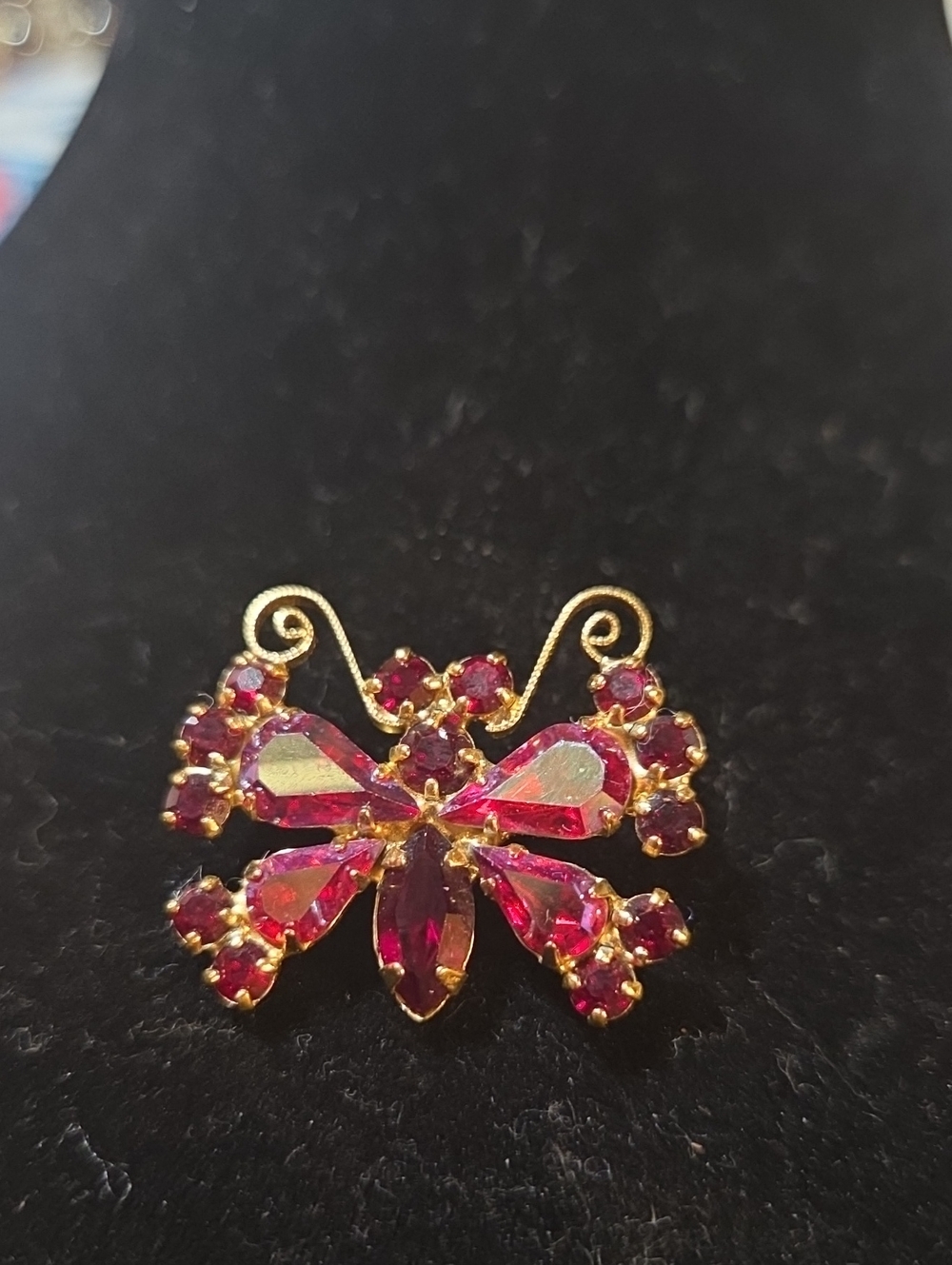 Vintage Signed B.David Costume Red Pink Rhinestone Butterfly Brooch